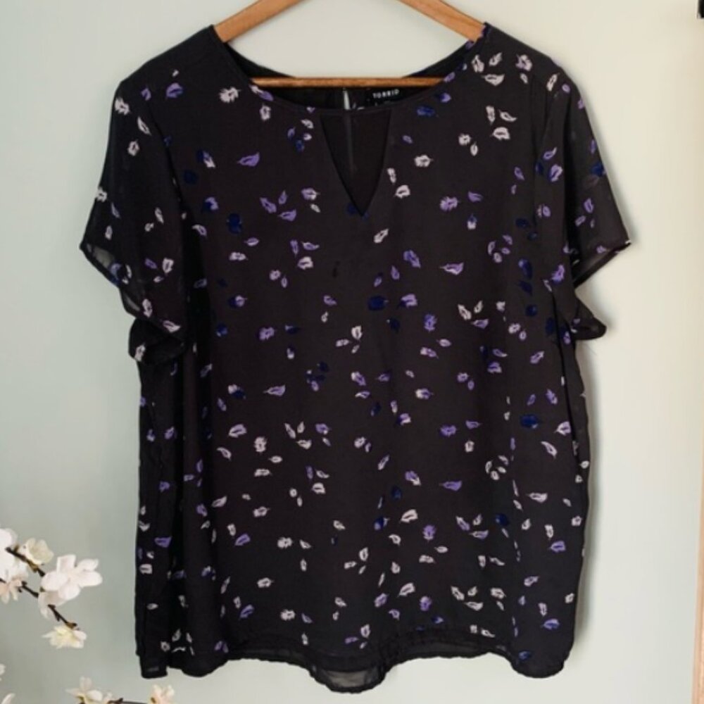 Torrid Black & Purple Floral Patterned Blouse - Plus Size 2X